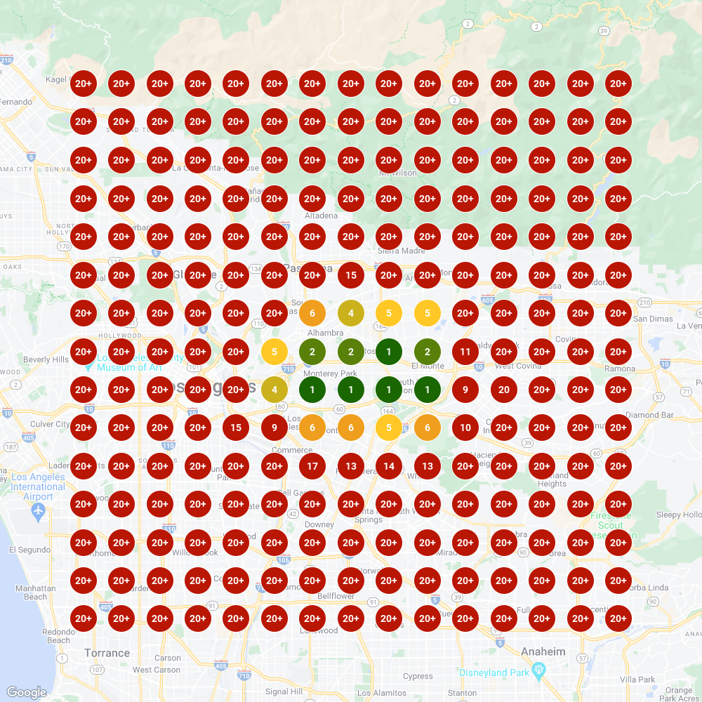 Before optimization heatmap showing limited visibility across Los Angeles service area with rankings mostly outside top 20