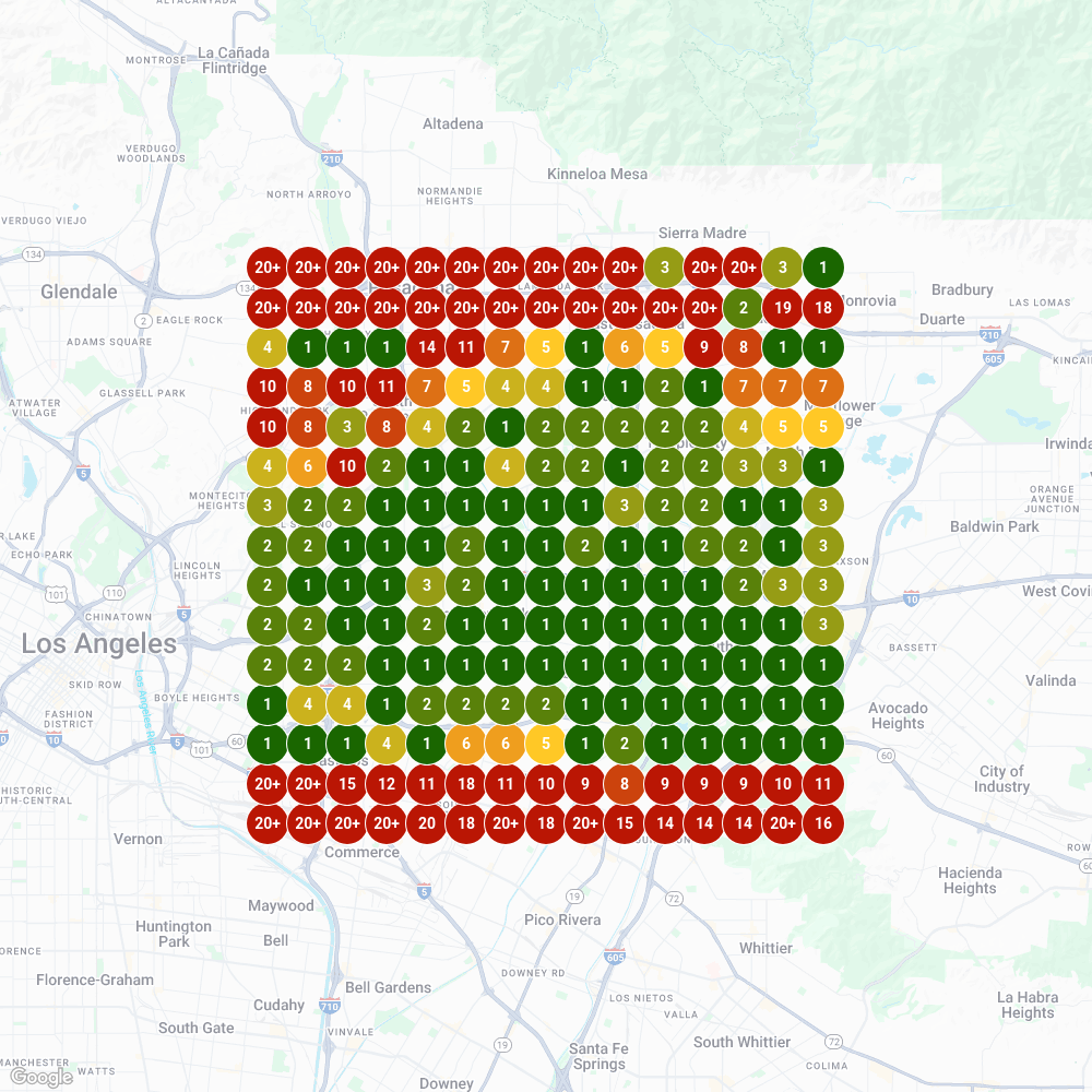 After optimization heatmap showing dramatically improved visibility with consistent top rankings across Los Angeles service area