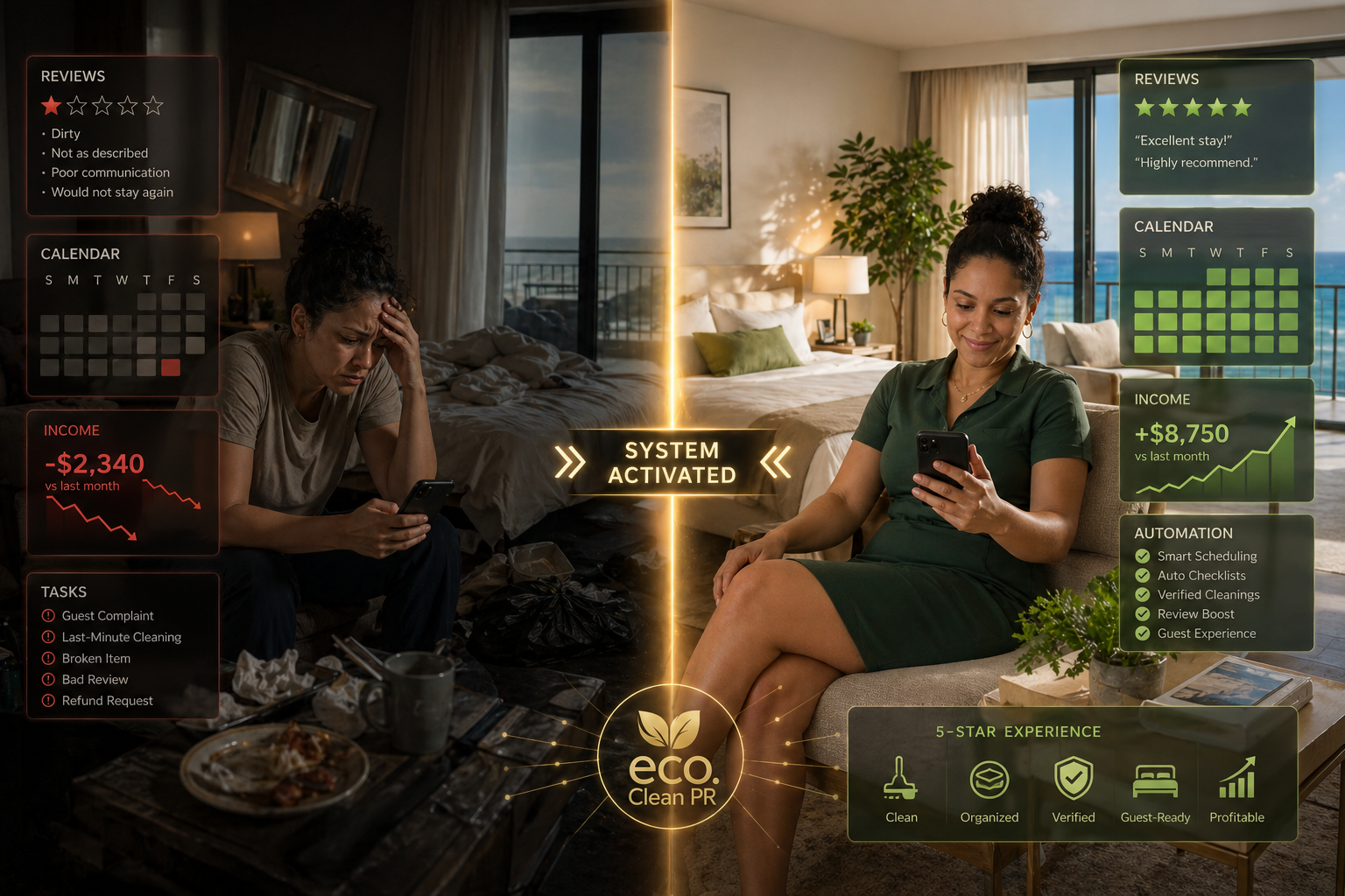 Professional Airbnb turnover system versus chaotic manual operations — Puerto Rico vacation rental prepared to hotel-level standard with pristine linens, organized supplies, and structured checklist documentation in a bright tropical setting