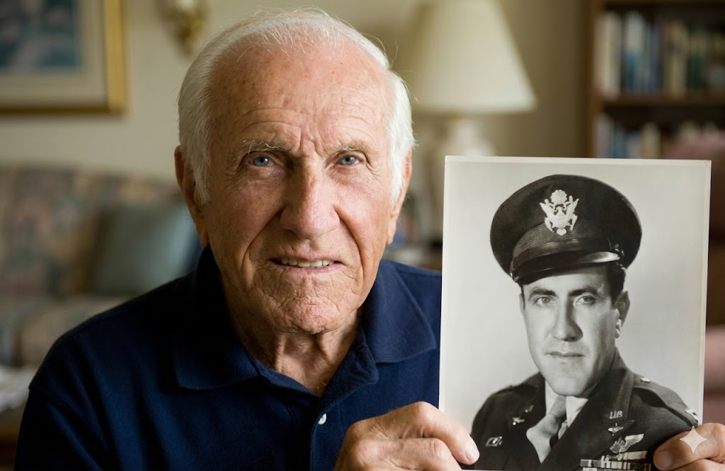 Louis Zamperini - elderly man holding his WWII military portrait