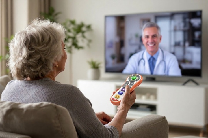 Senior using TV telehealth with one-button remote