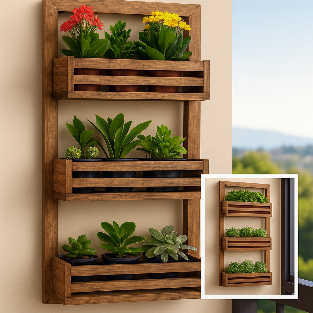 Jardineira Vertical 51x100 J&C Marcenaria - Madeira Pinus com vasos de plantas