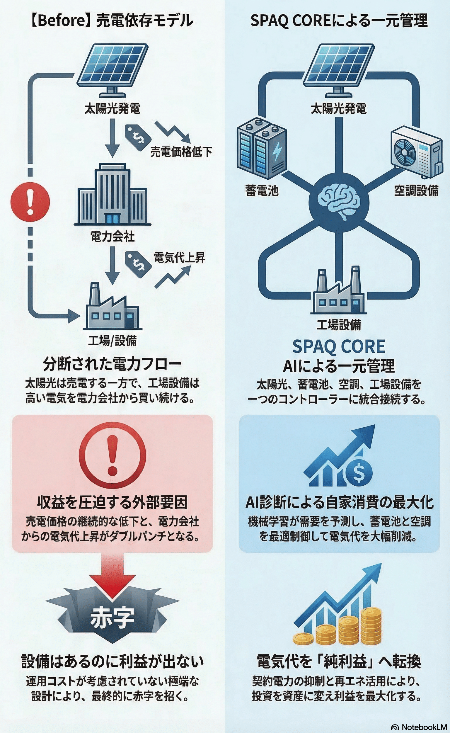 太陽光が赤字になる理由:売電依存モデルと電力統合制御モデルの比較インフォグラフィック