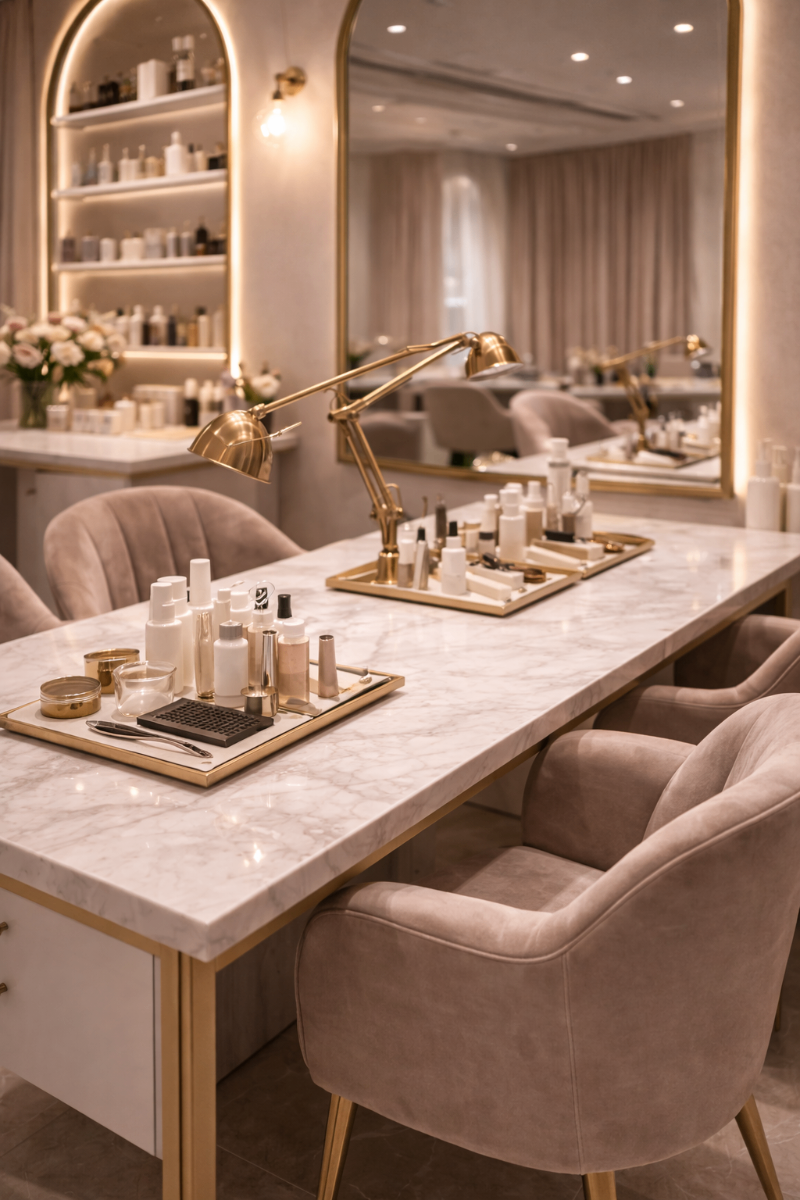 Рабочее пространство VELLUNA — мраморный стол, золотые лампы, велюровые кресла