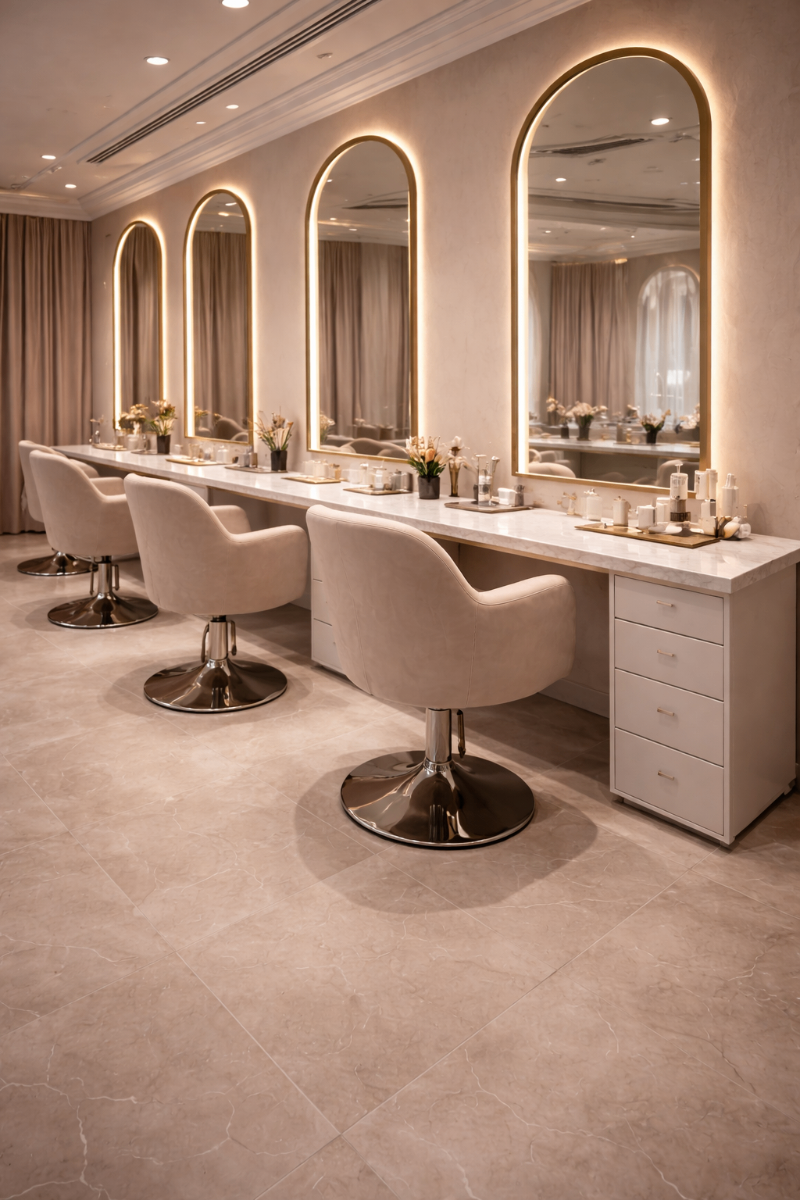 Интерьер салона VELLUNA — рабочие места с арочными зеркалами в золотой раме