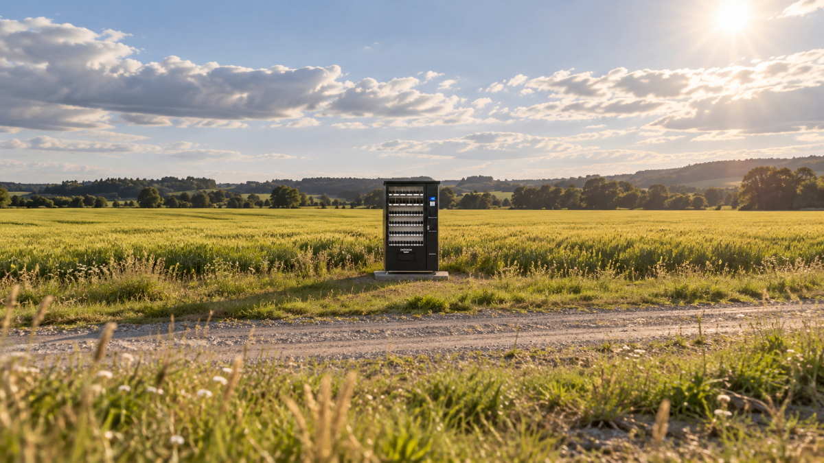 Snackautomat in einer grünen Landschaft am Feldweg