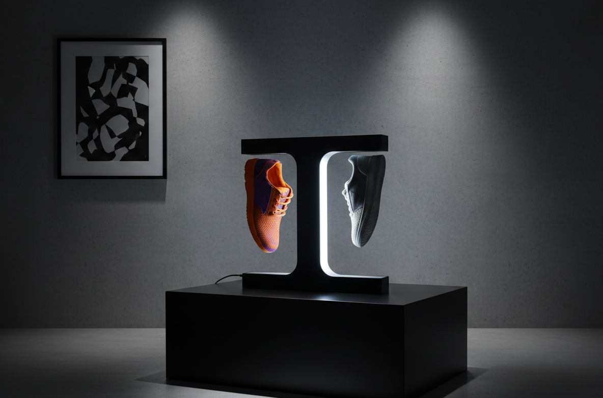 FLOAT GRAILS dual levitating display with orange and white sneakers in modern minimalist setting