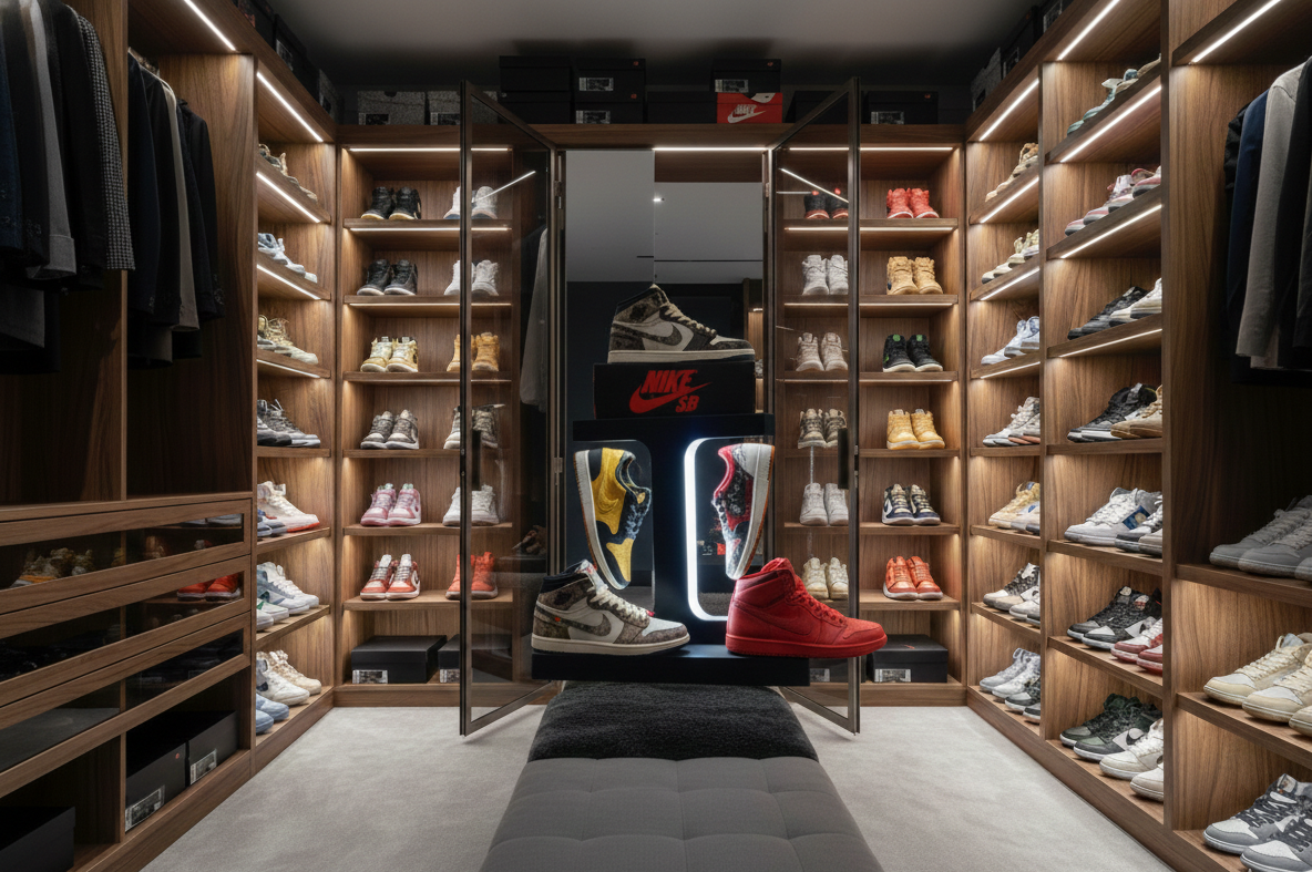 FLOAT GRAILS sneaker collection showcase in premium walnut display room with LED lighting