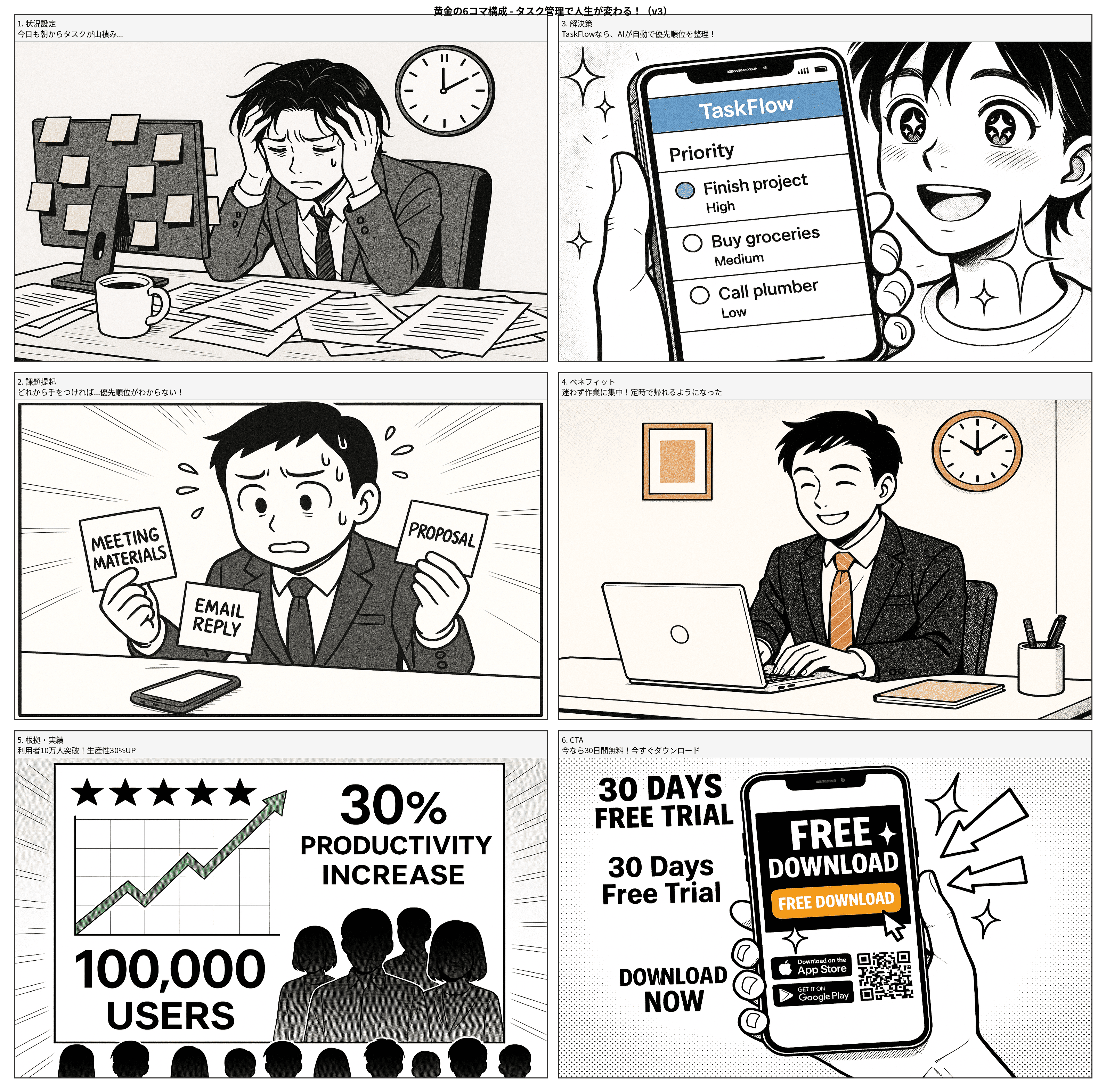 1ページマンガ構成例(2コマ目と4コマ目入れ替え済み)