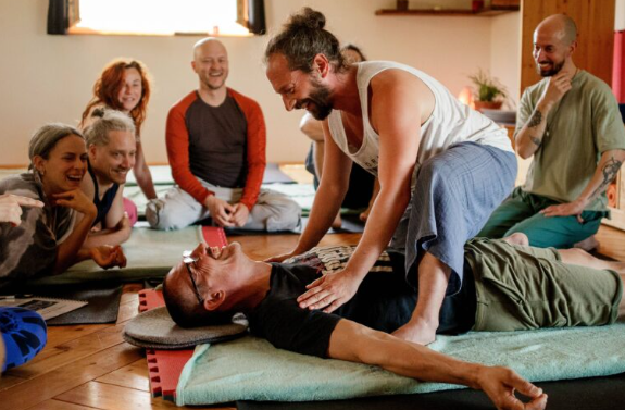 Yoga group session indoors