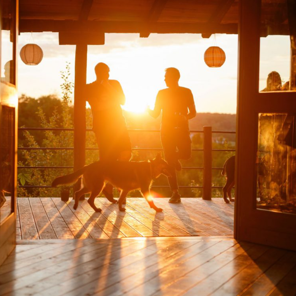 Guests and dog on wooden terrace at golden sunset