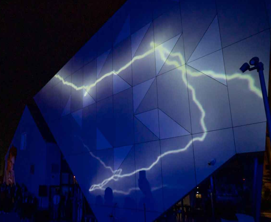 Tesla Museum lightning display at night