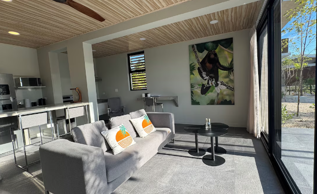 Garden Suite — open-plan living area with slat wood ceiling, monkey art and garden views