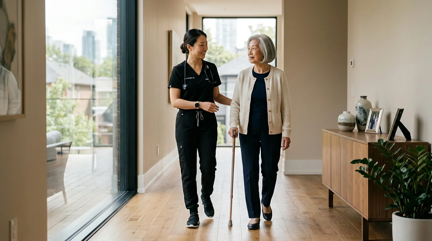 Registered nurse providing compassionate Parkinson's care and movement support at home