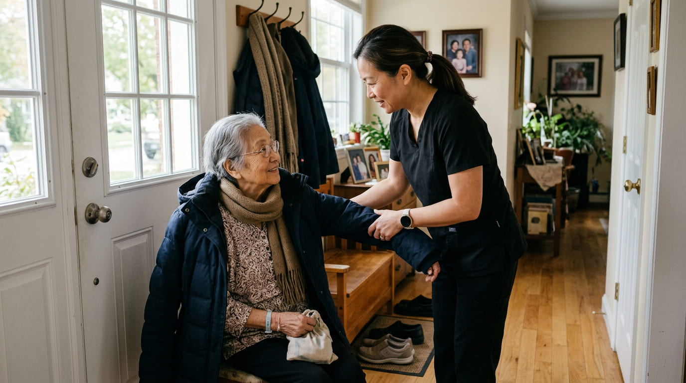 Registered nurse accompanying a patient through a medical appointment at WOXY Health