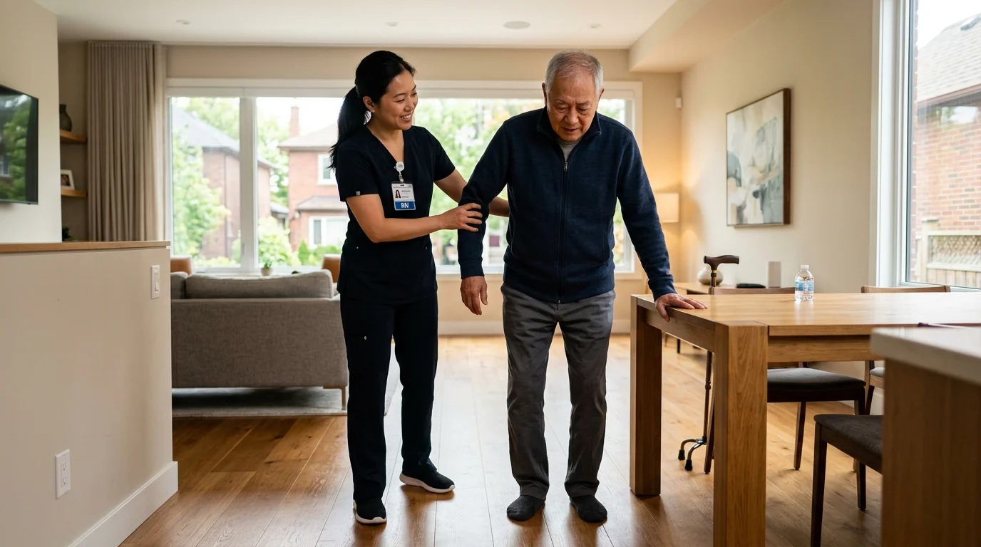 Registered nurse providing compassionate stroke recovery care and rehabilitation support at home