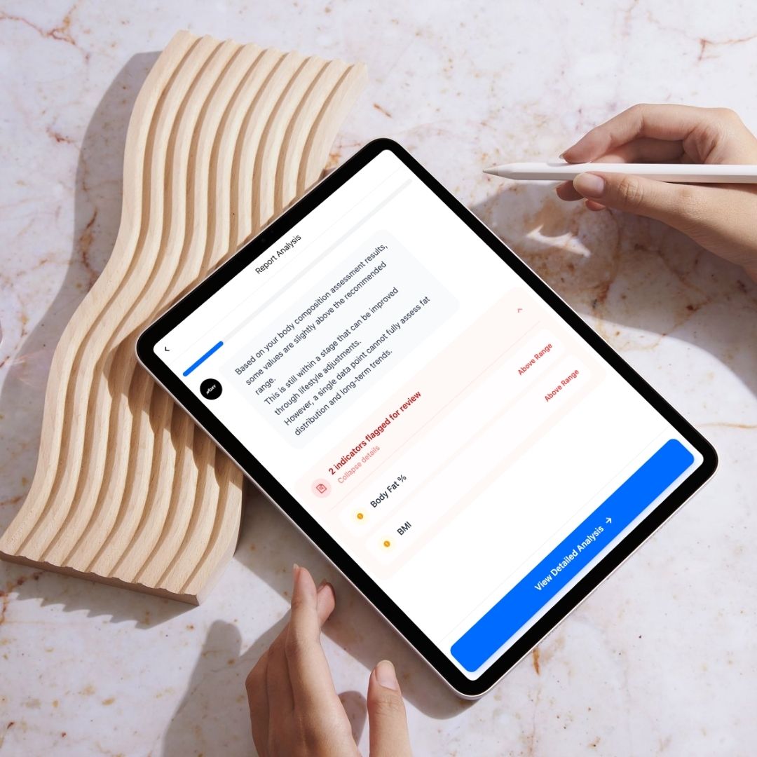 AI-powered InBody health report showing body composition analysis with flagged risk factors
