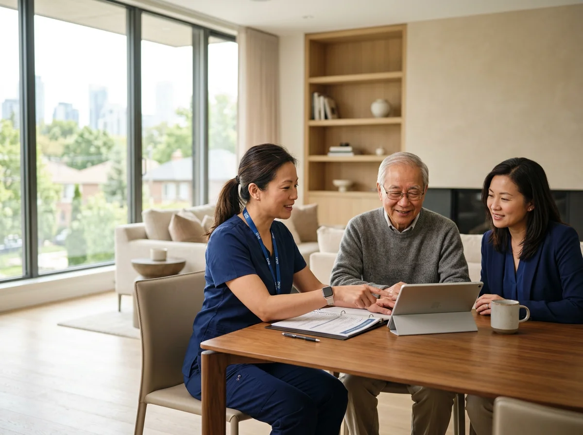 Caregiver conducting personalised cognitive assessment for dementia patient at home
