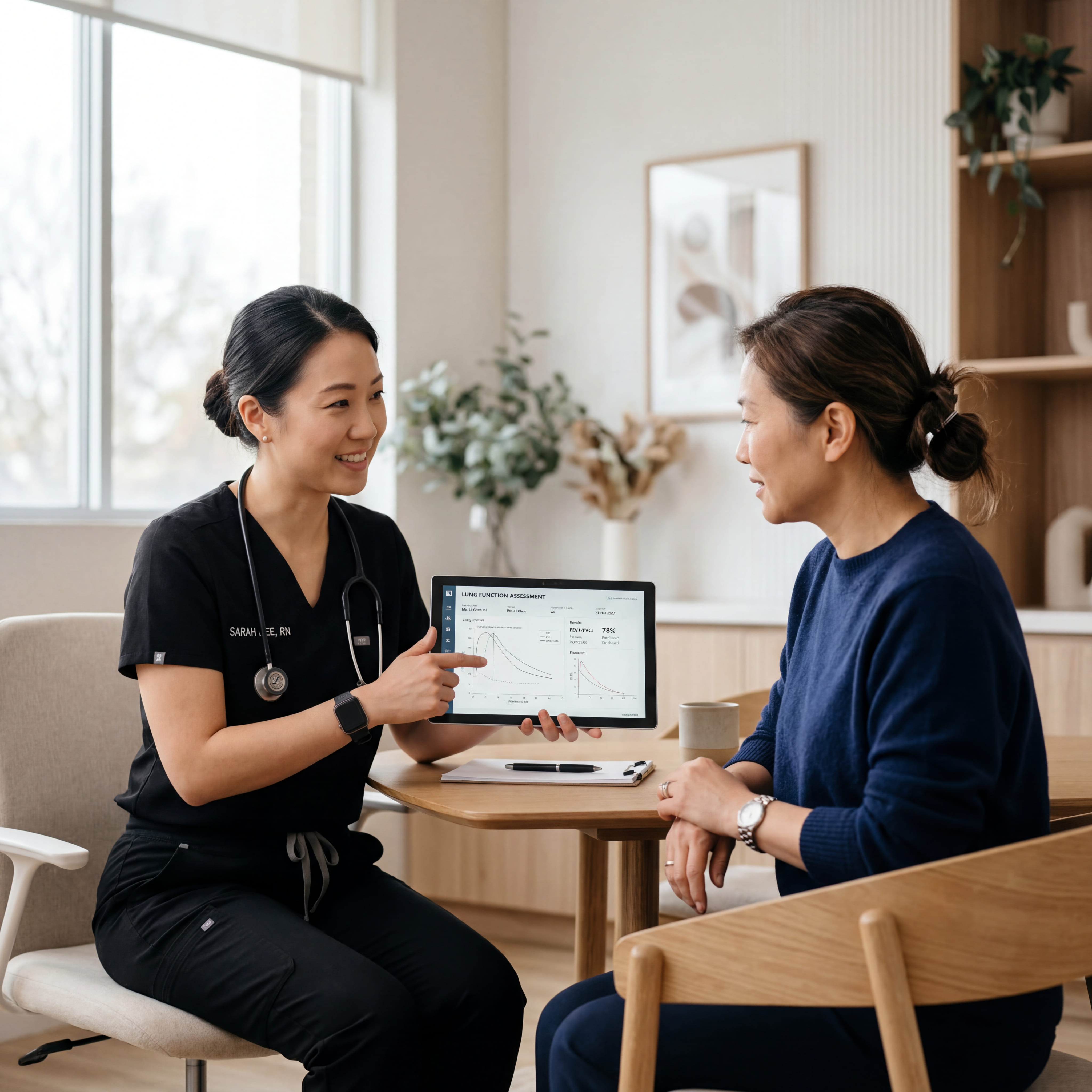 Registered nurse reviewing lung function report with patient