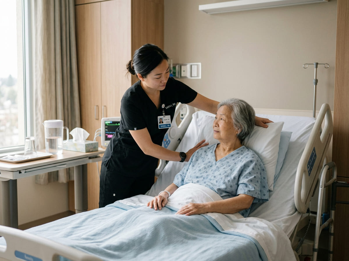 Nurse assisting patient with comfort and personal care in hospital