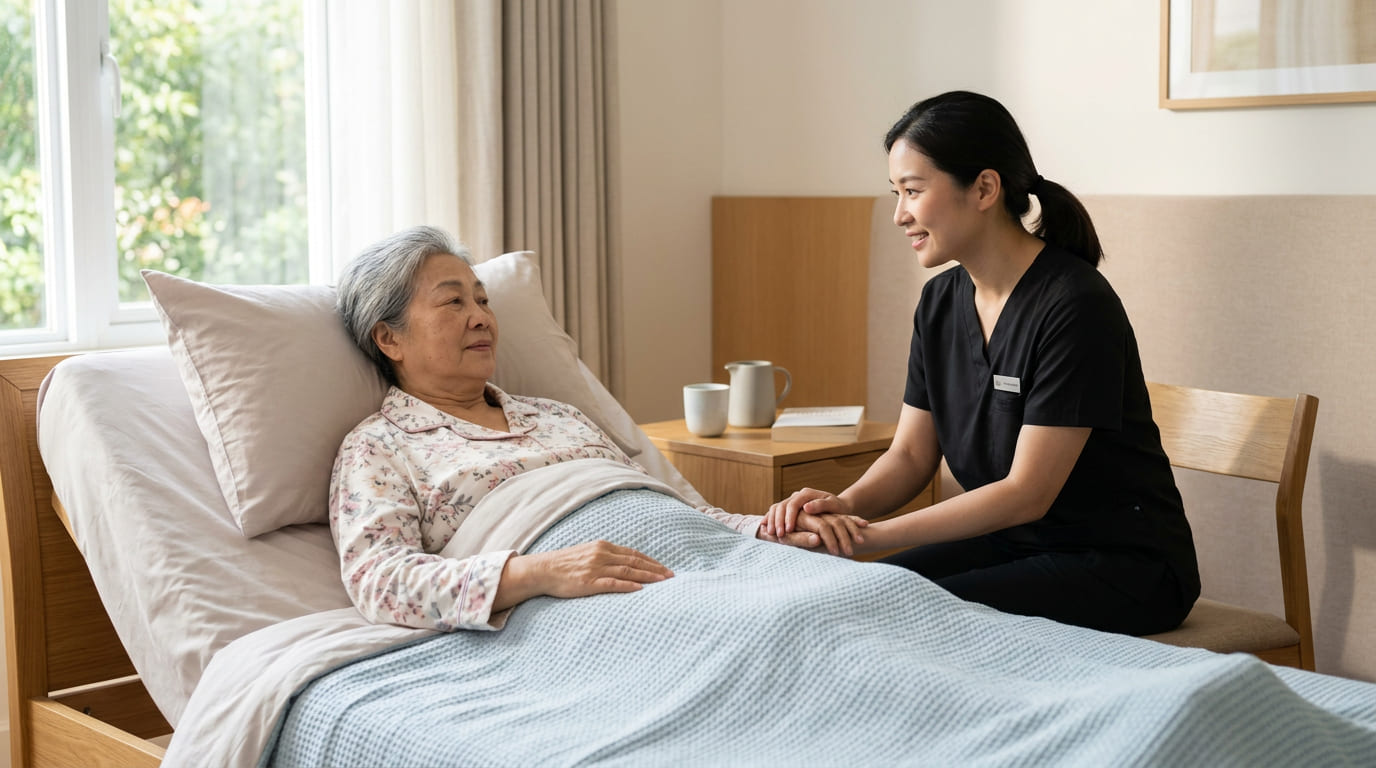 Registered nurse providing professional tube care for a patient at home