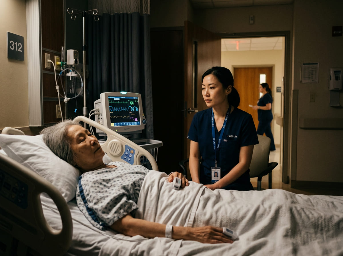 Registered nurse providing overnight bedside monitoring in hospital