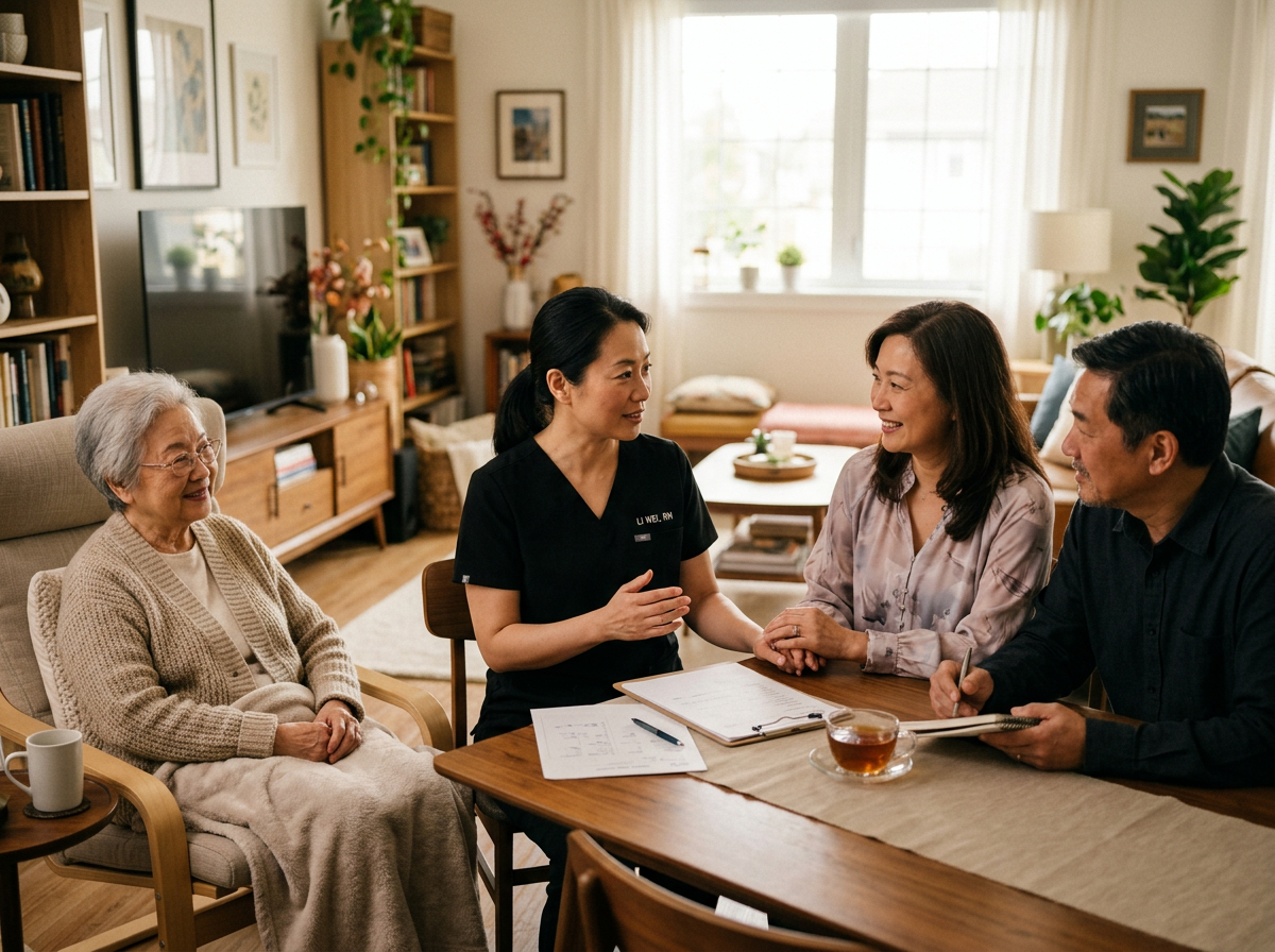 Nurse completing care handover with family member