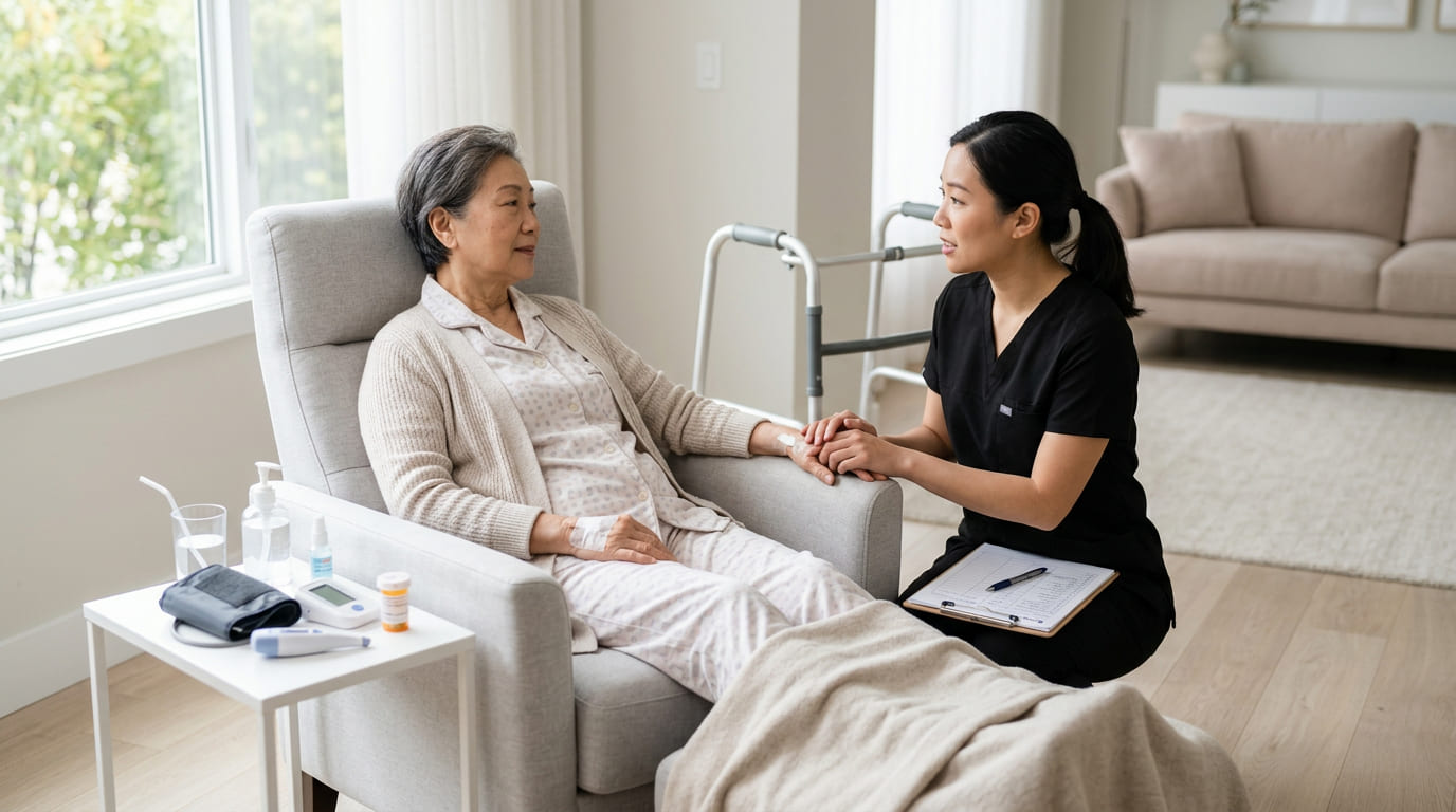 Registered nurse supporting post-surgery recovery at home