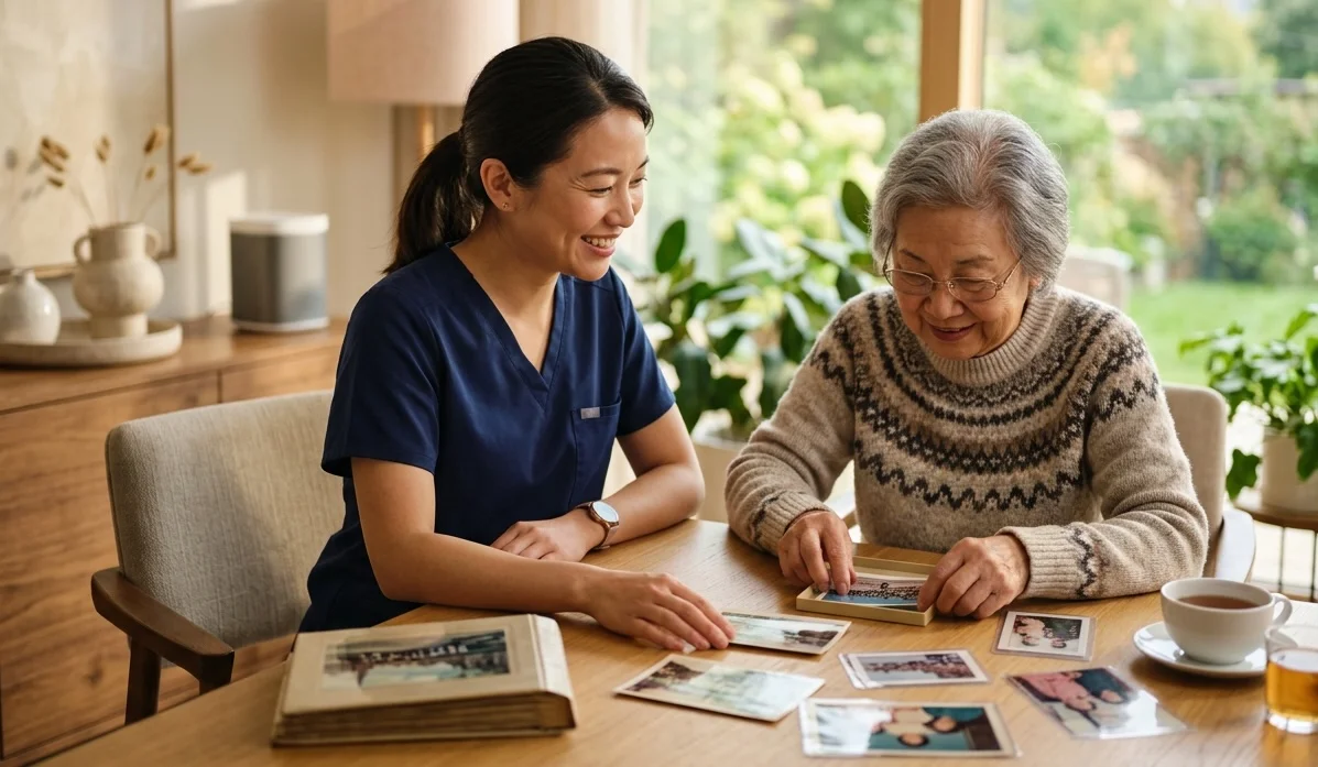 Caregiver providing cognitive stimulation through familiar photo activities with dementia patient