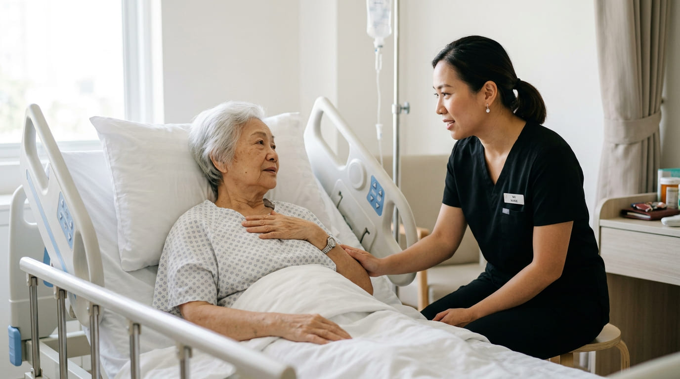 Registered nurse providing attentive hospital bedside support at WOXY Health