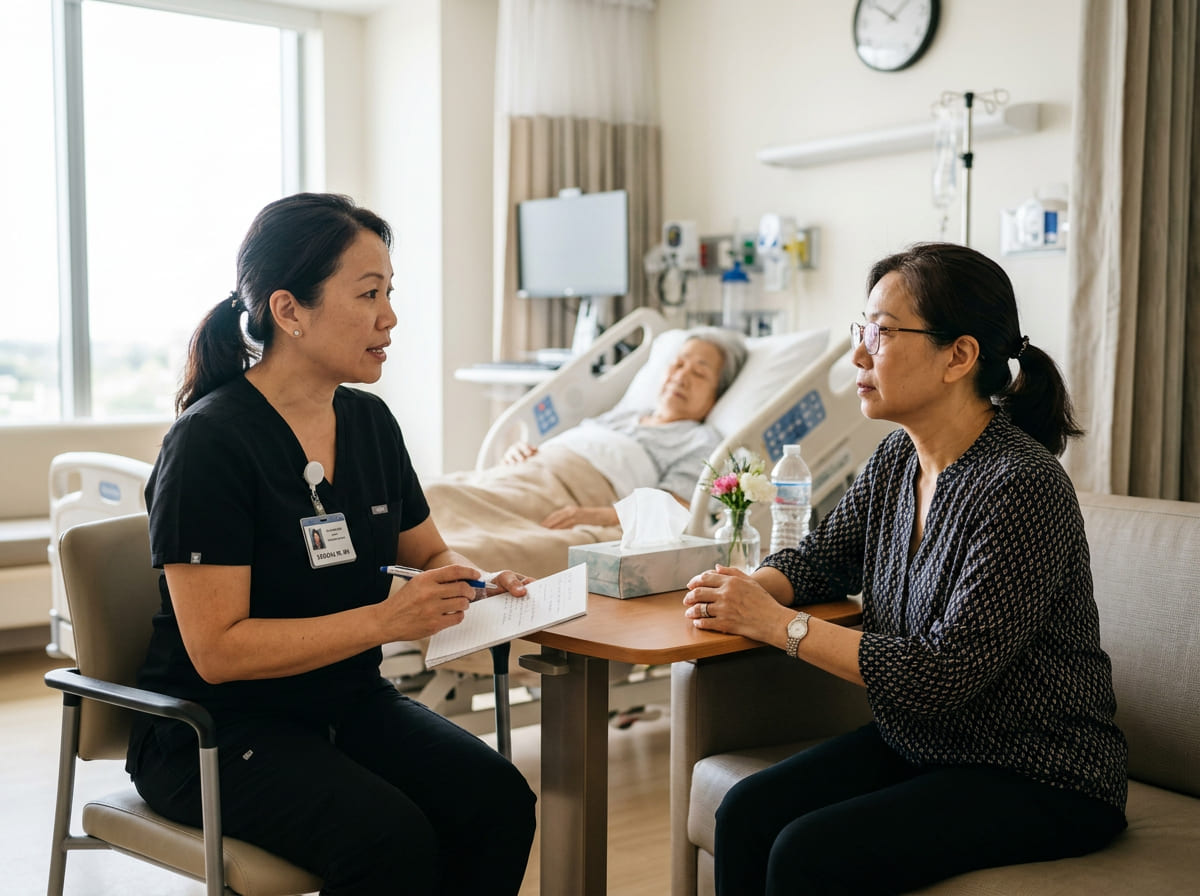 Nurse communicating hospital updates to family member