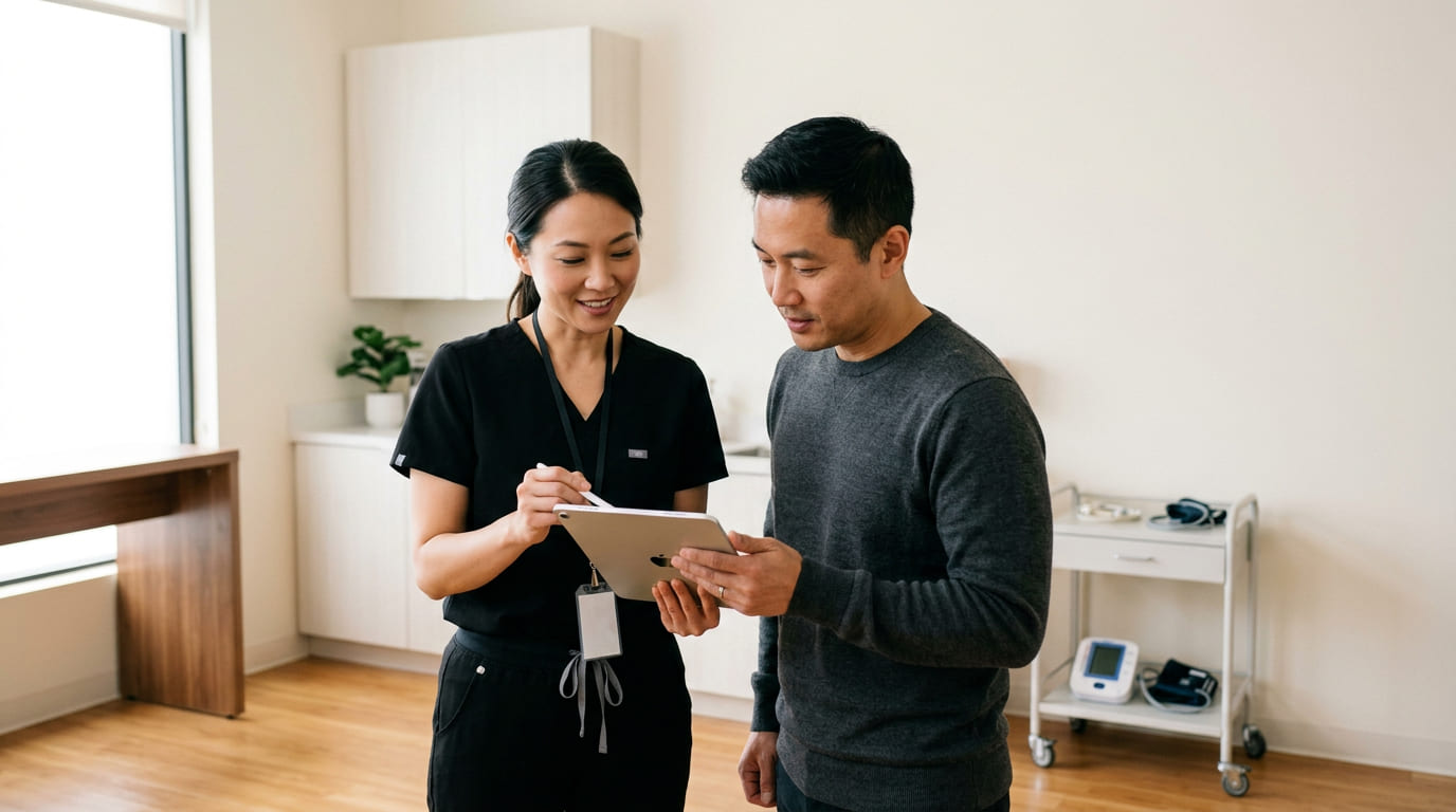 Registered nurse conducting a prevention and health assessment with a patient