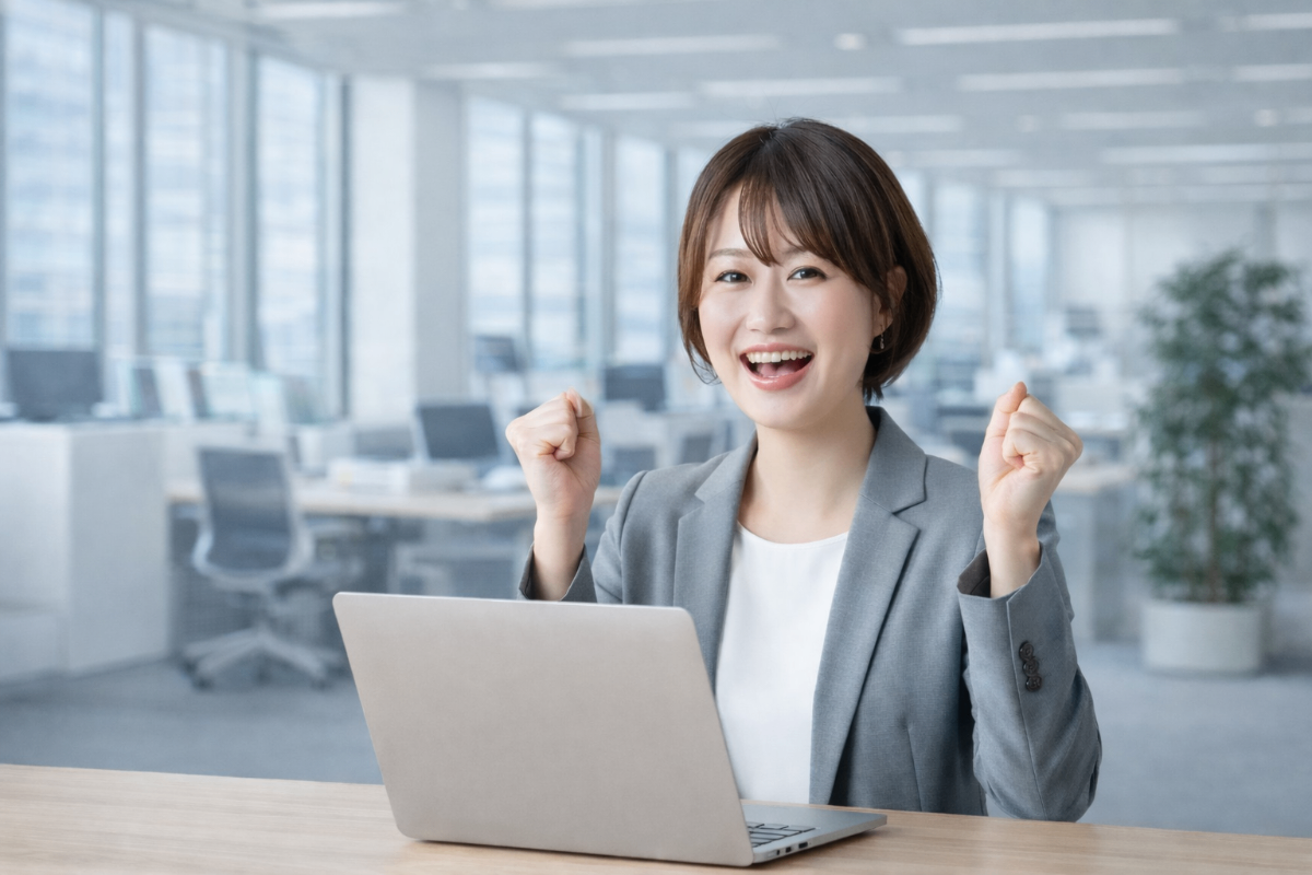 AI活用で資料作成を完成させて喜ぶ女性
