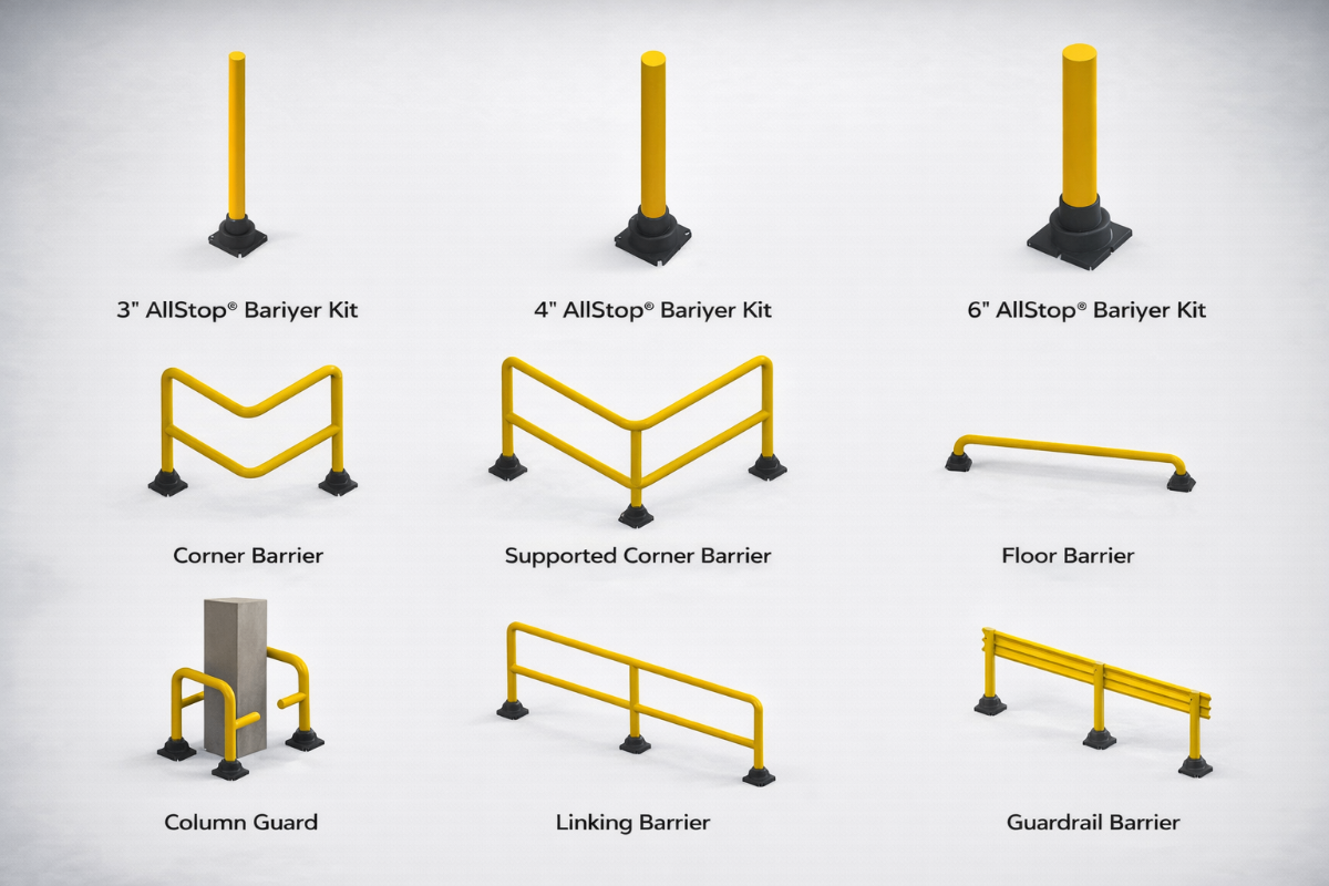 AllStop Barrier Product Range - 3 inch, 4 inch, 6 inch Bariyer Kits, Corner Barrier, Supported Corner Barrier, Floor Barrier, Column Guard, Linking Barrier, Guardrail Barrier