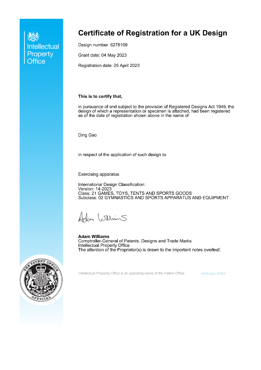 UK Registered Design — Exercising Apparatus