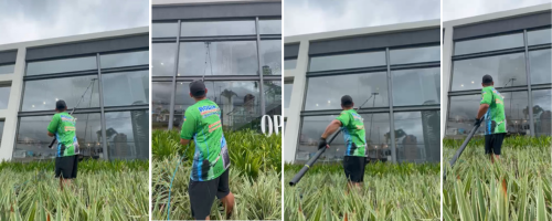 Técnico usando extensor de fibra de carbono com água desmineralizada limpando vidros