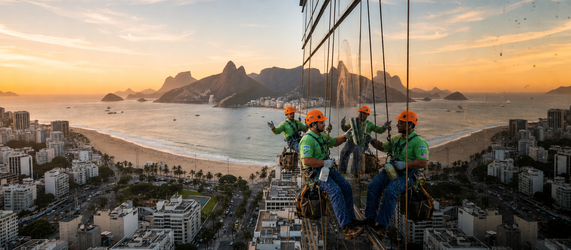 Alpinista industrial da Rodan limpando fachada de vidro em prédio no Rio de Janeiro
