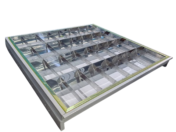 Rejilla Empotrar 4xT8 610x595x65mm - Iluminación LED profesional Lima Perú - 610x595x65mm Acero LAF 0.4mm Aluminio Espejo >90% Reflectancia - GENIUX