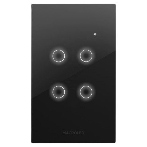 Tecla Interruptor Smart Negro Macroled 4 Canales AC100-240V - Iluminación LED profesional Lima Perú - 4 Canales AC100-240V 1000W max Smart WiFi - Macroled