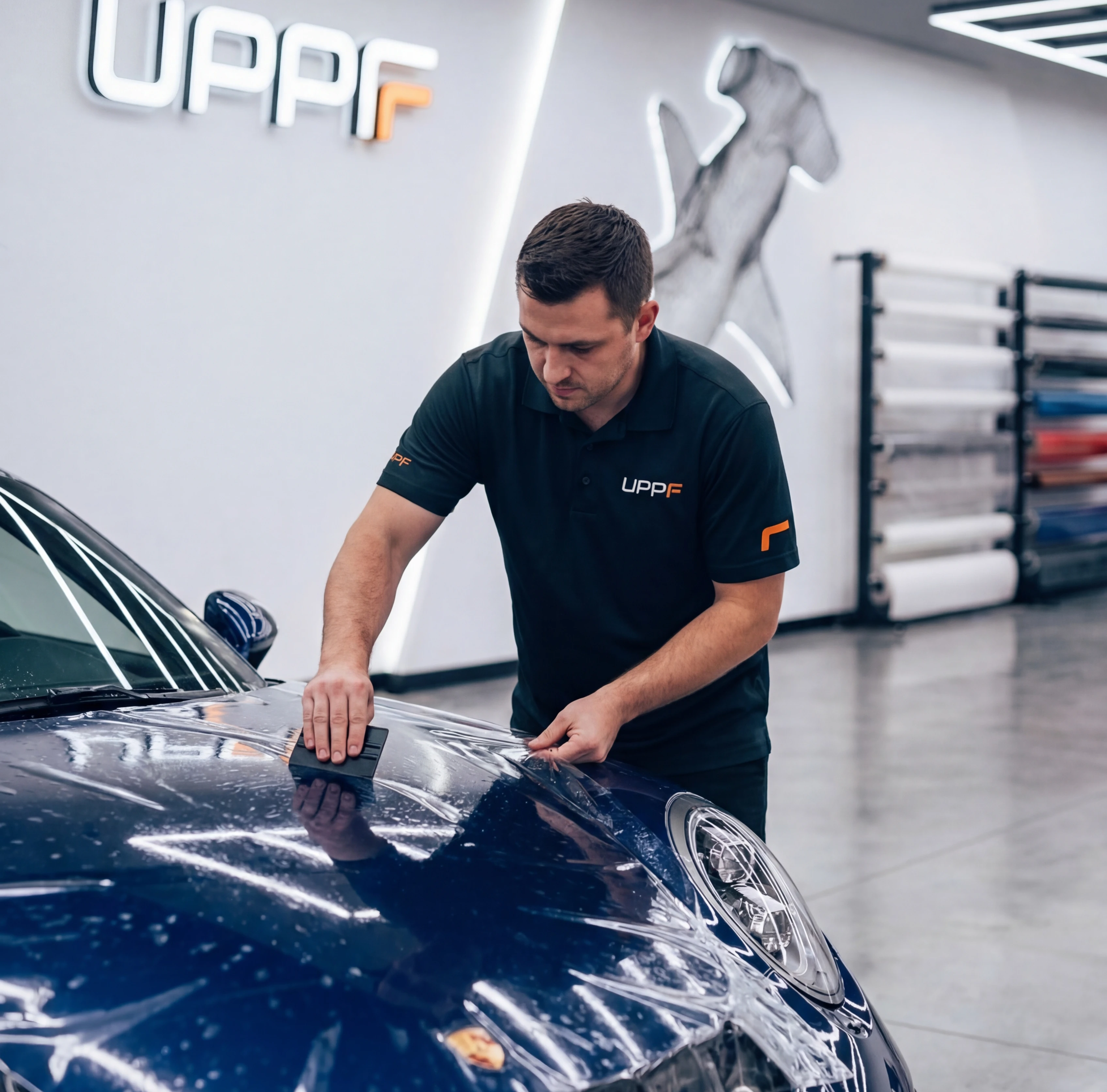 UPPF Studio technician carefully installing Hammerhead Clear Films paint protection film on luxury sports car with precision and expertise