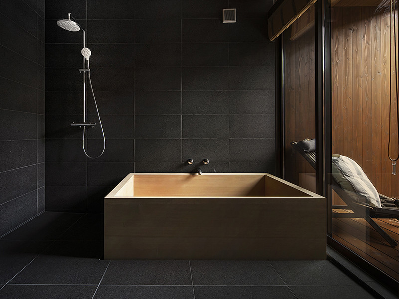 Premium hinoki bath in Japanese bathroom