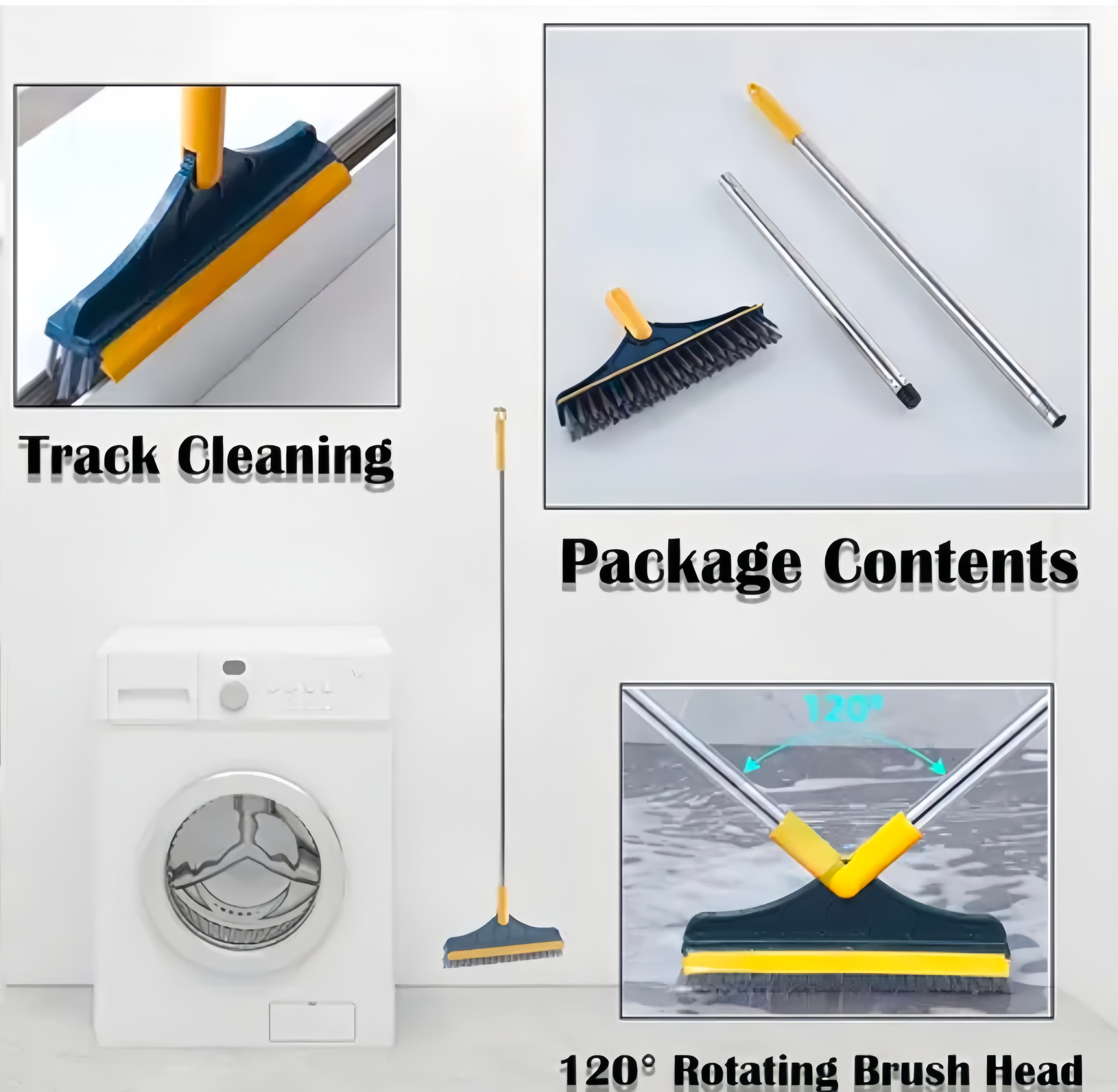 Virtuvend Ventures Floor Scrub Brush with Wiper and Long Handle, 2-in-1 Squeegee Broom for Deep Cleaning, Black and Yellow 3
