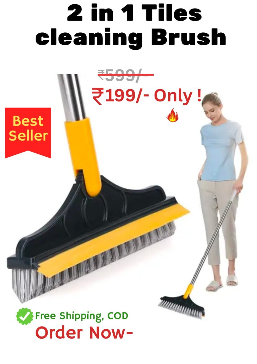 Virtuvend Ventures Floor Scrub Brush with Wiper and Long Handle, 2-in-1 Squeegee Broom for Deep Cleaning, Black and Yellow
