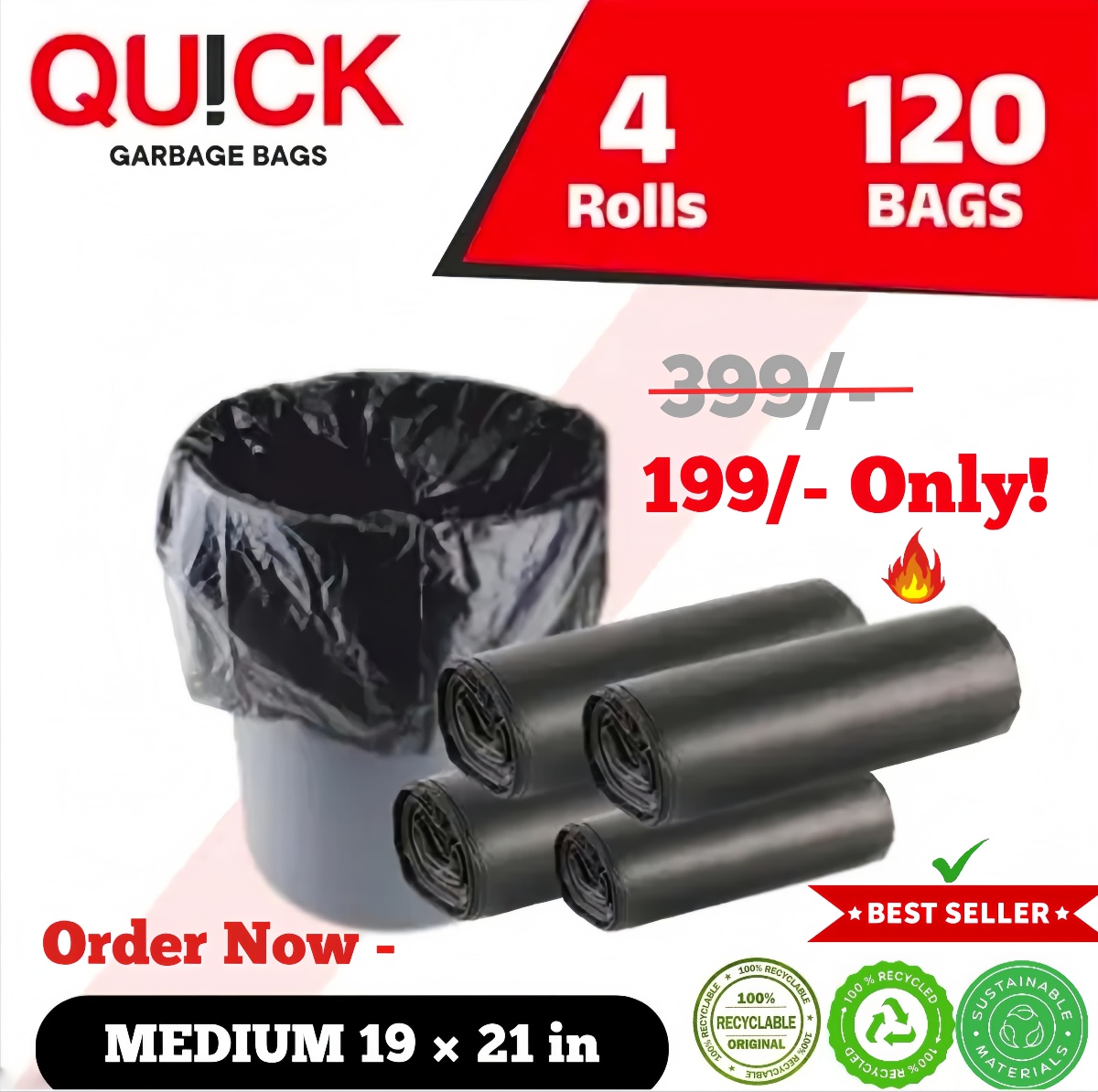QUICK Premium Biodegradable Garbage Bags 19 X 21 Inches (Medium Size) 120 Bags (4 Rolls) Dustbin Bag/Trash Bag