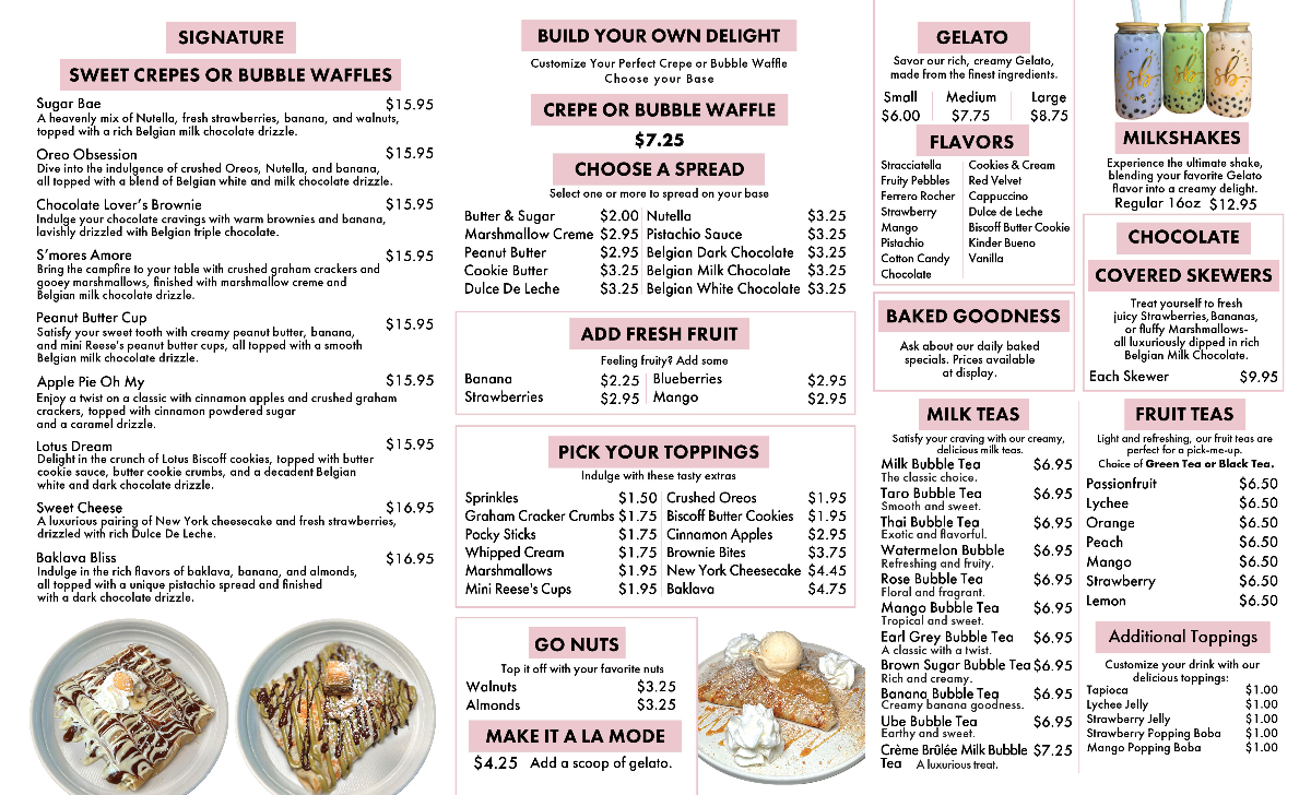 Sugar Bae Cafe menu page 2 - hot drinks, cold drinks, rolled ice cream, milk substitution, cappuccino latte art in Hicksville NY