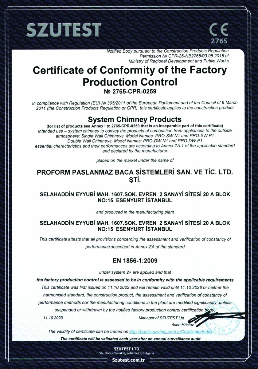 Certificate of Conformity - System Chimney Products