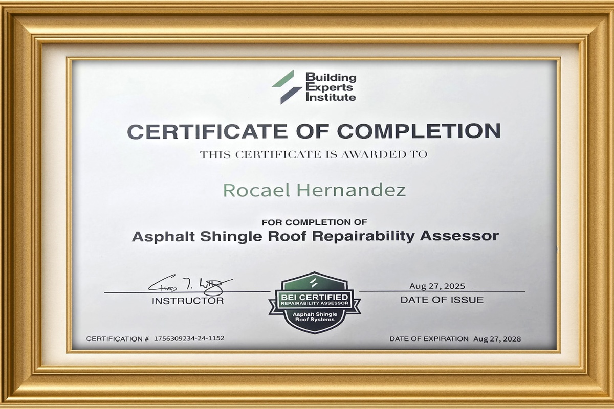 BEI Certified Asphalt Shingle Roof Repairability Assessor Certificate - Rocael Hernandez