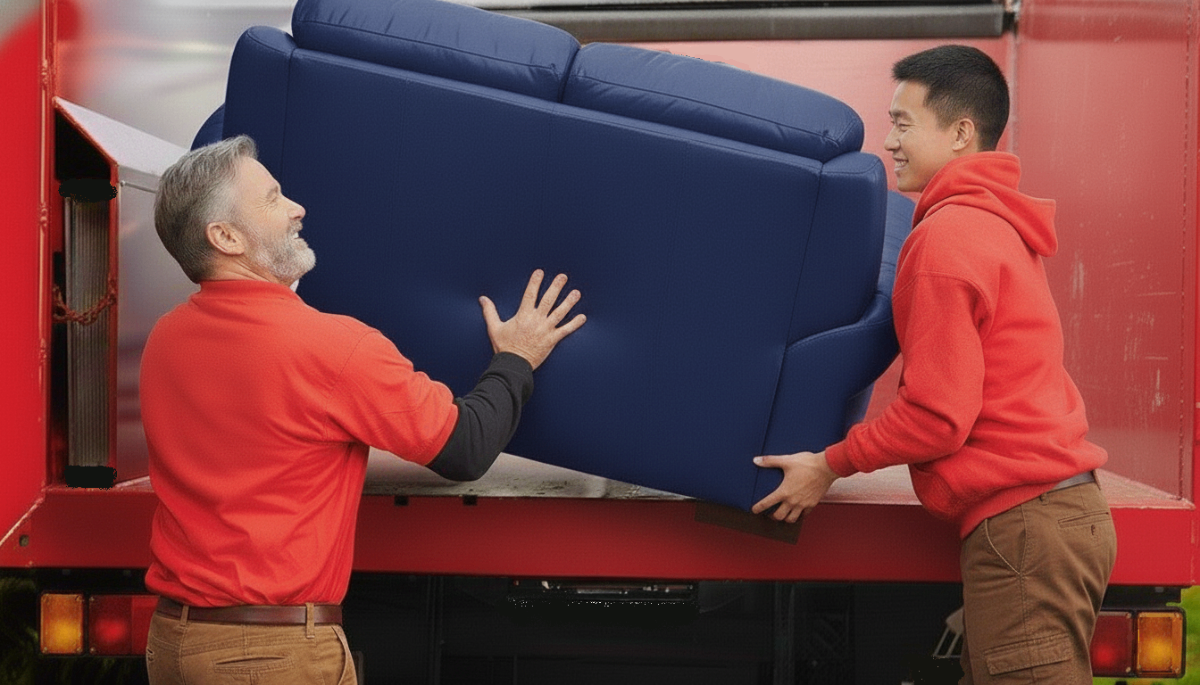 Professional furniture pickup and removal service in Plymouth, WI - workers loading sofa onto truck