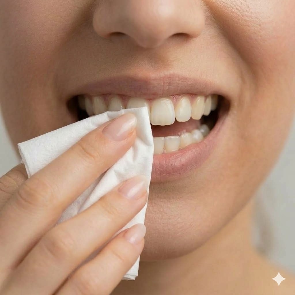 歯の水分を拭き取る