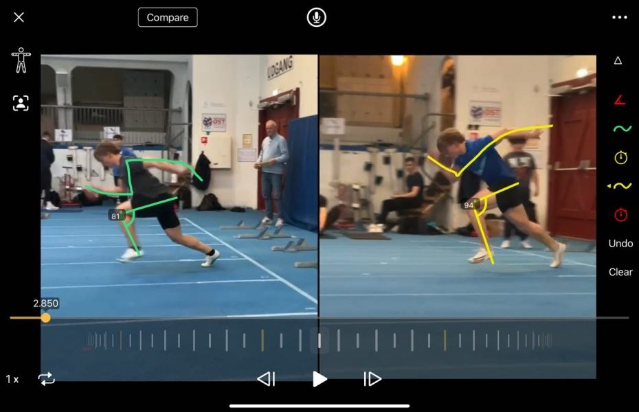 Onform videoanalyse – split-screen analyse av sprintere med bevegelseslinjer